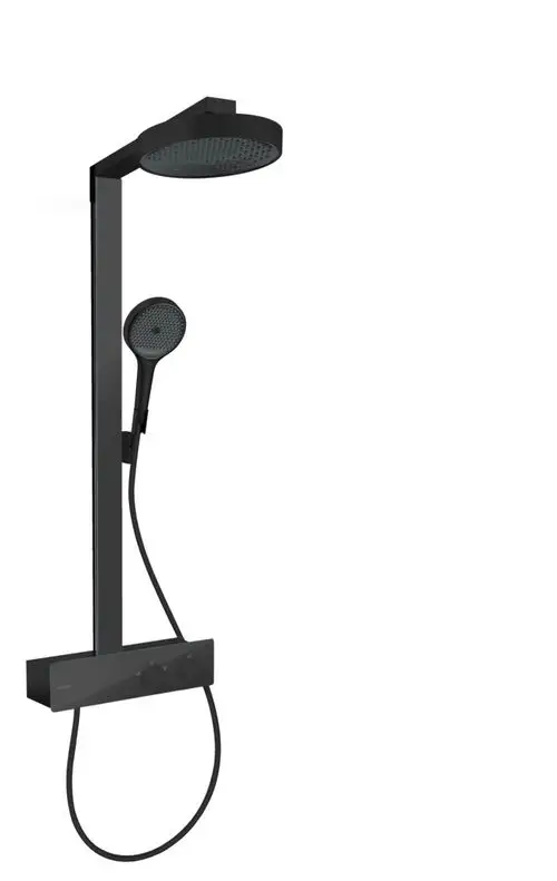 Schwarze Showerpipe von Hansgrohe mit großer Kopfbrause und Handbrause, verbunden mit einem Bedienpaneel für Temperatur- und Durchflussregelung.